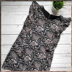 MADEWELL Pretty Plumes Silk Flutter Sleeve Short Back Zipper Black Tan Dress 8